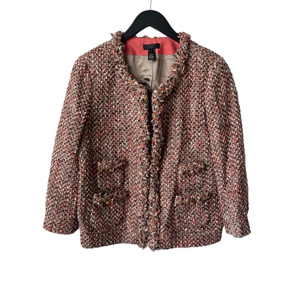 J. Crew Jackets & Blazers - J. Crew Collection Blazer Pink Tweed Jacket Fringe Trim 3/4 Sleeve Size 8
